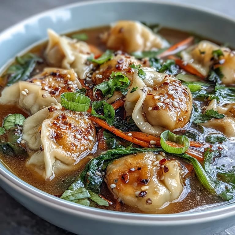 Savory Trader Joes dumplings simmered in a fragrant, gingery broth with crisp vegetables, garnished with scallions and sesame seeds for an easy weeknight dinner.