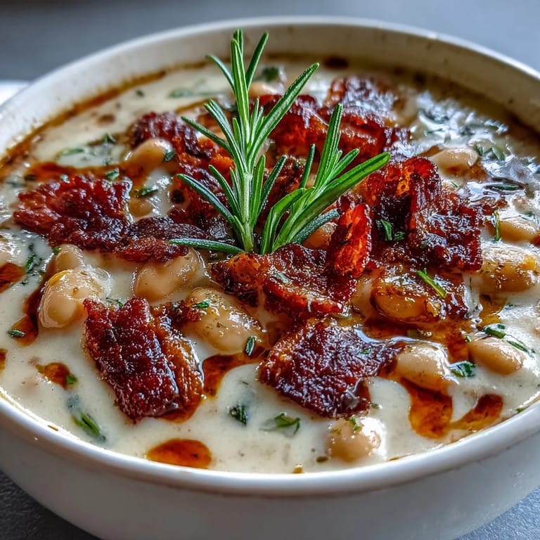 A steaming bowl of velvety white bean soup, infused with smoky bacon and fragrant rosemary.  