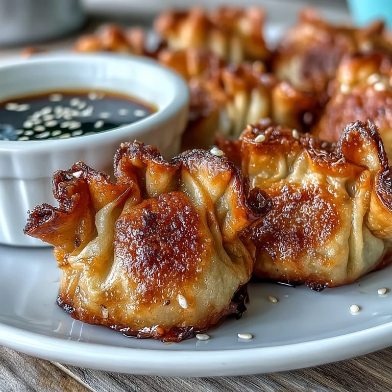 Golden pork dumplings made in the air fryer and drizzled with spicy chili oil for a flavorful appetizer.