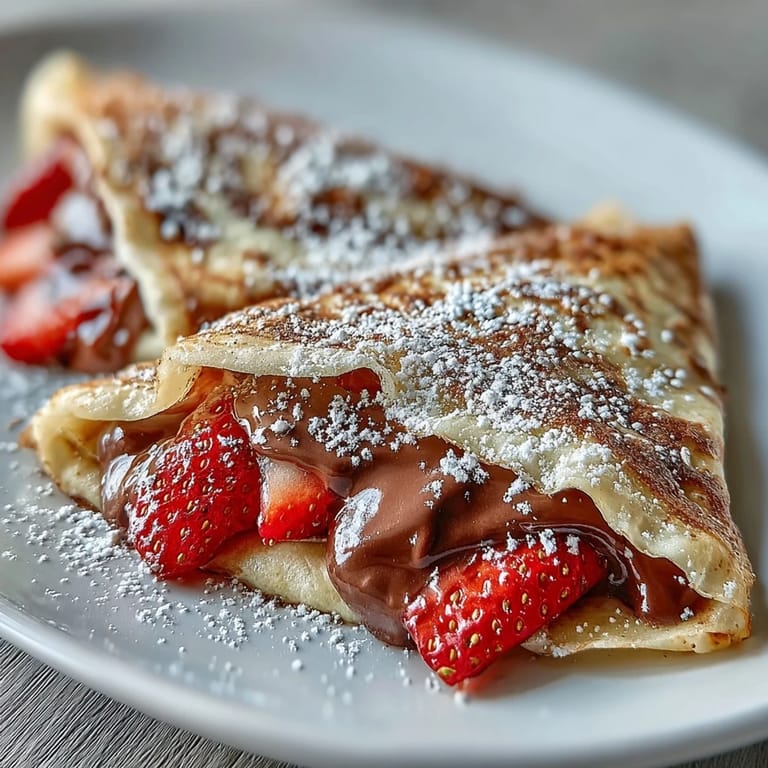 Nutella-filled crêpes topped with sliced strawberries and a dusting of powdered sugar, ideal for sharing with friends.