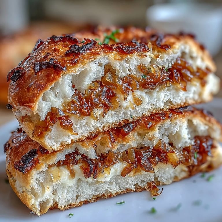 Chewy sourdough bagels infused with tangy flavor, generously crowned with golden sautéed onions for a savory twist.