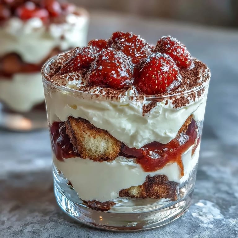 Romantic individual strawberry tiramisu cups featuring fluffy mascarpone cream, juicy macerated strawberries, and coffee-dipped ladyfingers for a perfect dessert.
