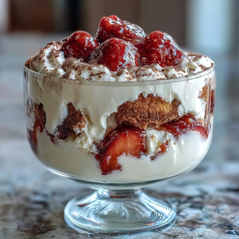 Elegant strawberry tiramisu cups with coffee-soaked ladyfingers, creamy mascarpone filling, and vibrant strawberries topped with cocoa powder.