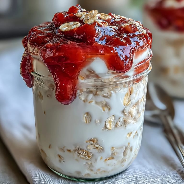 Naturally sweetened strawberry chia jam swirls through rich overnight oats, creating a beautiful, nourishing breakfast perfect for busy mornings.