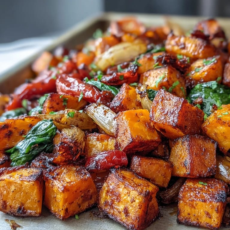 Colorful breakfast hash featuring tender sweet potatoes, juicy orange chunks, and fresh spinach roasted together on a sheet pan for easy cleanup.