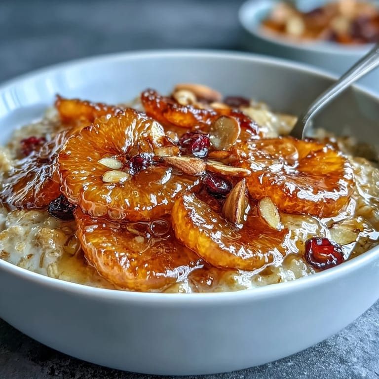 Creamy oatmeal infused with vanilla, garnished with candied orange, tart cranberries, and toasted almonds for a cozy breakfast.