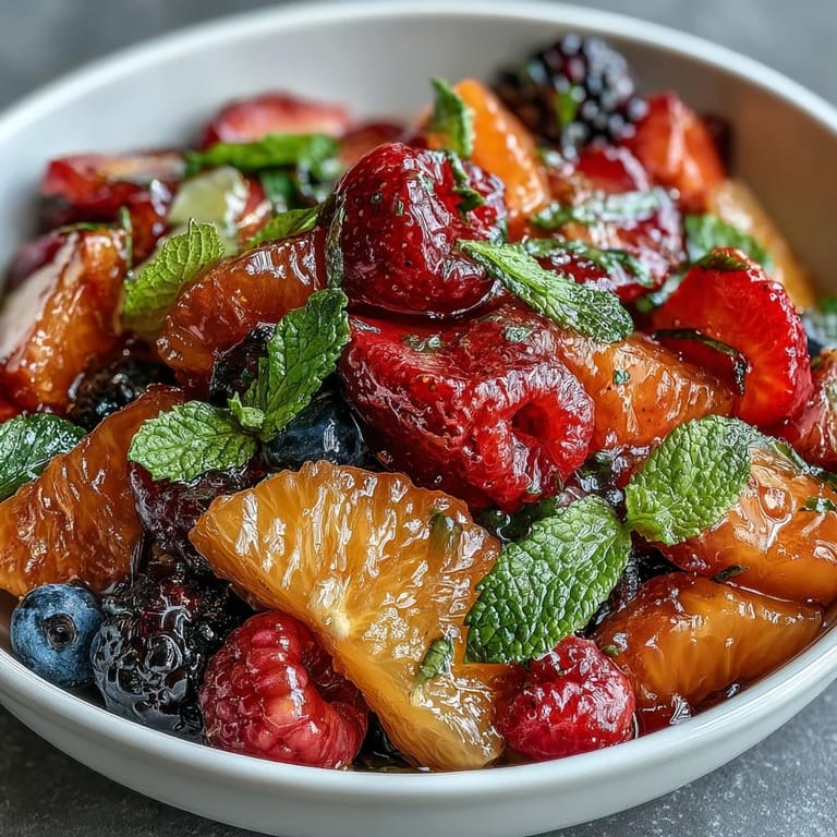 A vibrant fruit salad featuring juicy oranges, grapefruit, and mixed berries, lightly sweetened and topped with fresh mint for a refreshing spring dish.