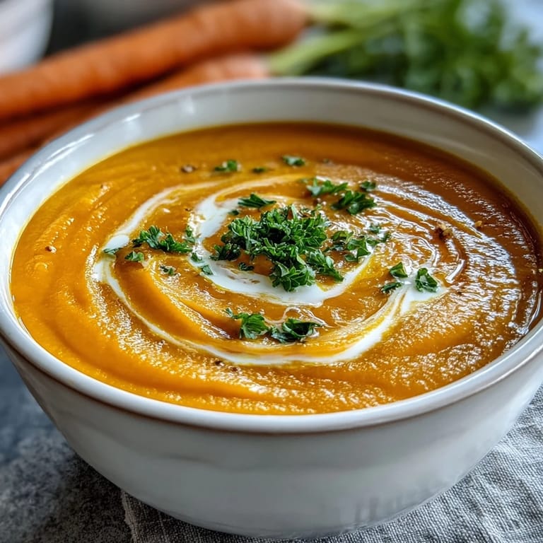 Creamy vegan soup blending sweet carrots, zesty orange, and warming ginger in a silky coconut milk base.  