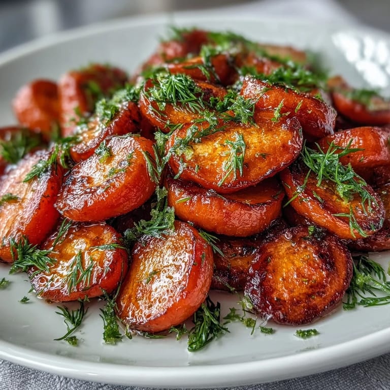 Glossy carrots simmered in a sweet and tangy orange honey glaze, garnished with aromatic fresh dill for a burst of flavor.  
