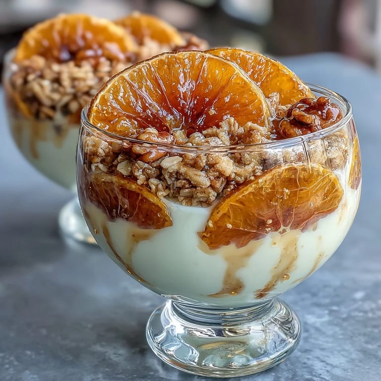 Refreshing breakfast parfait layered with sweet candied oranges, smooth yogurt, and toasted almond granola.