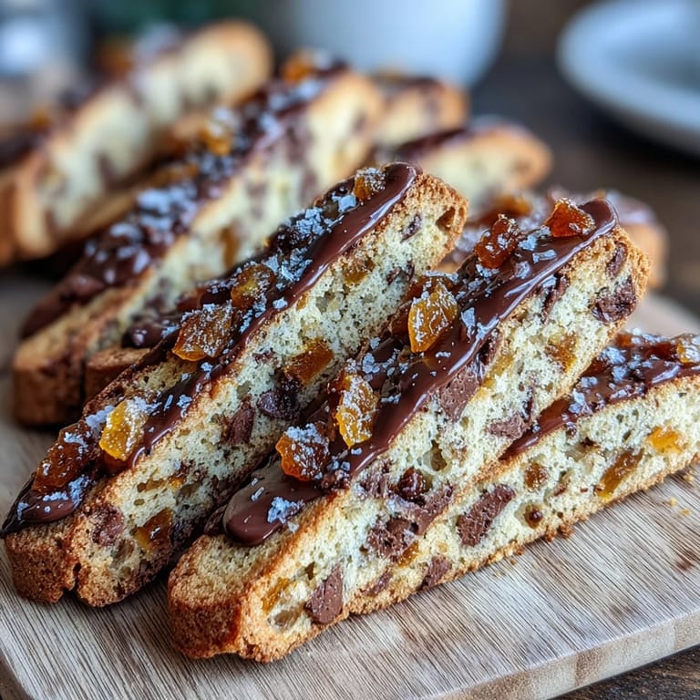 Golden-brown biscotti slices loaded with sweet candied orange peel and dark chocolate, great for pairing with espresso or dessert wine.