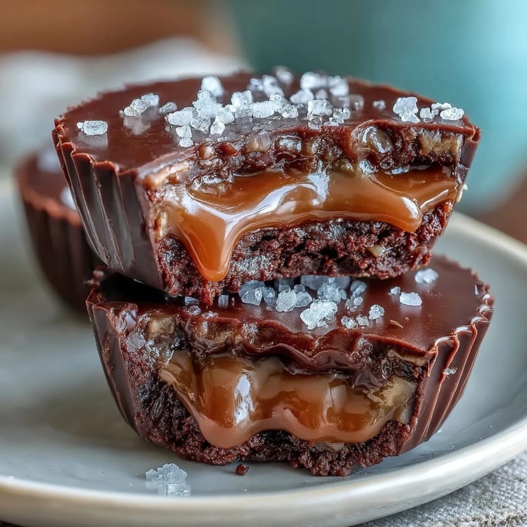 Rich chocolate peanut butter cups with a luscious salted caramel center, perfect for satisfying your dessert cravings.  