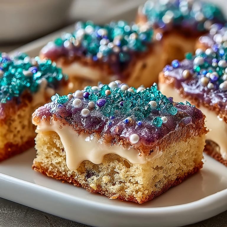 Festive sugar cookie bars topped with colorful icing and sanding sugar, perfect for King Cake-inspired parties.