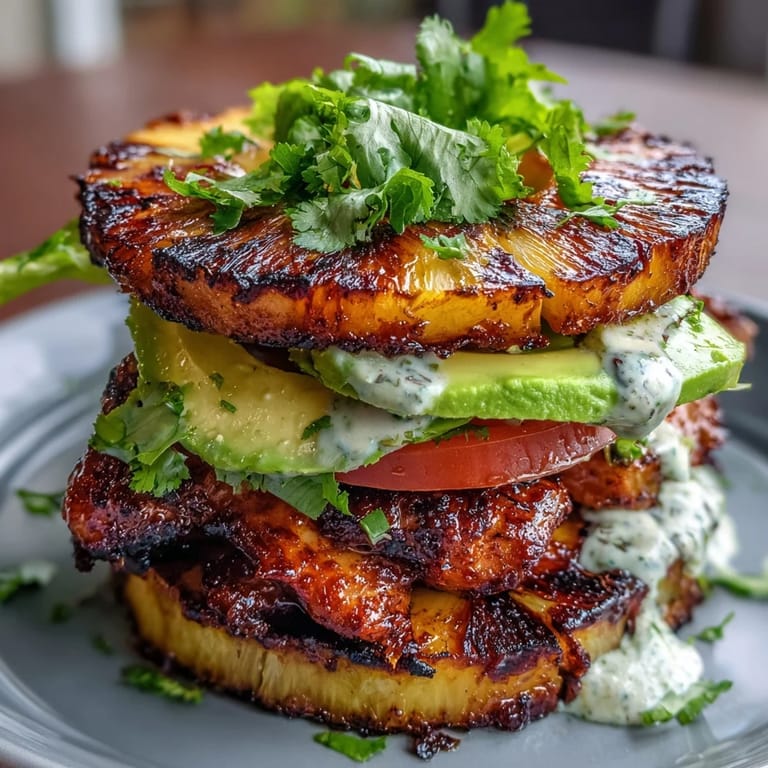 Hearty grilled chicken and pineapple burger stacks with melted cheese, vibrant vegetables, and a drizzle of aioli.