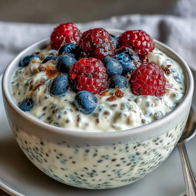 Creamy and light chia pudding made with Greek yogurt, vanilla bean, and almond milk, perfect for a nutritious snack.