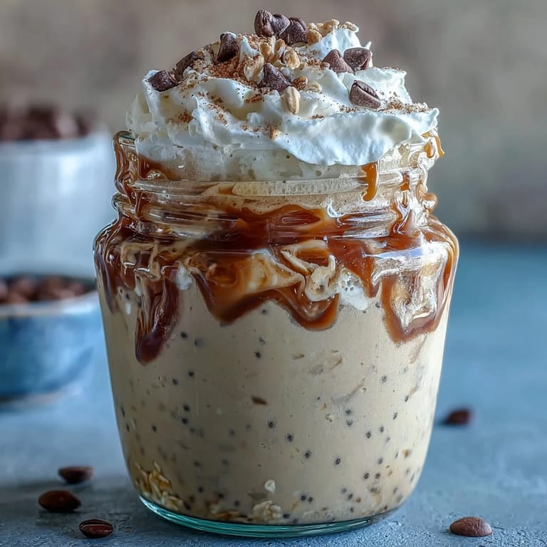 A jar of coffee-infused vanilla bean overnight oats, swirled with Greek yogurt and chia seeds for a rich, grab-and-go breakfast.
