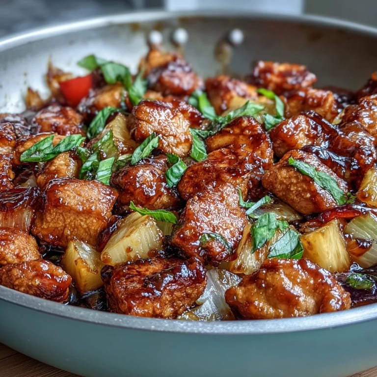 Juicy chicken cubes and fresh pineapple chunks tossed with bell peppers in a vibrant homemade sweet and sour sauce, served hot from the skillet.  