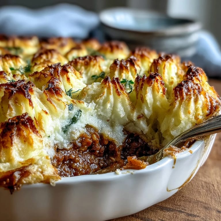 Hearty vegetarian Shepherds Pie with lentils and mushrooms - creamy mashed potatoes top a rich, herb-infused lentil and vegetable medley, baked until golden and fragrant.