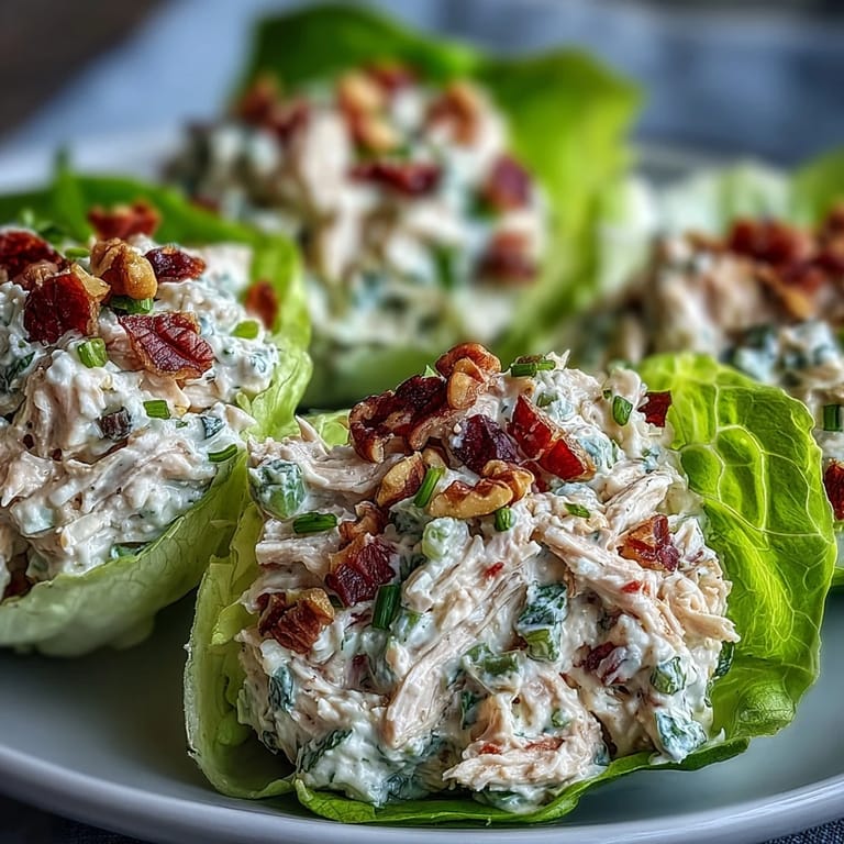 Close-up of fresh chicken salad lettuce wraps highlighting the creamy texture and colorful vegetables.