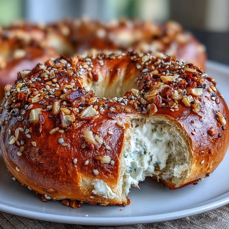 Freshly baked bagels with a soft center and crisp crust, generously coated in aromatic everything seasoning for a tasty twist.