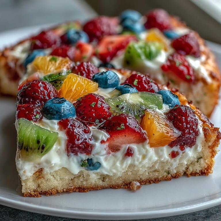 Delicious sugar cookie crust fruit pizza, layered with smooth cream cheese frosting and vibrant fresh fruit slices.