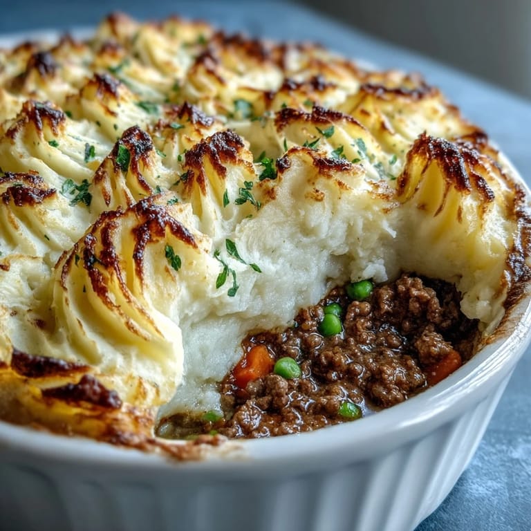 A comforting British Shepherds Pie with rich ground lamb, vegetables, and a light cauliflower mash topping, baked until golden and bubbling.