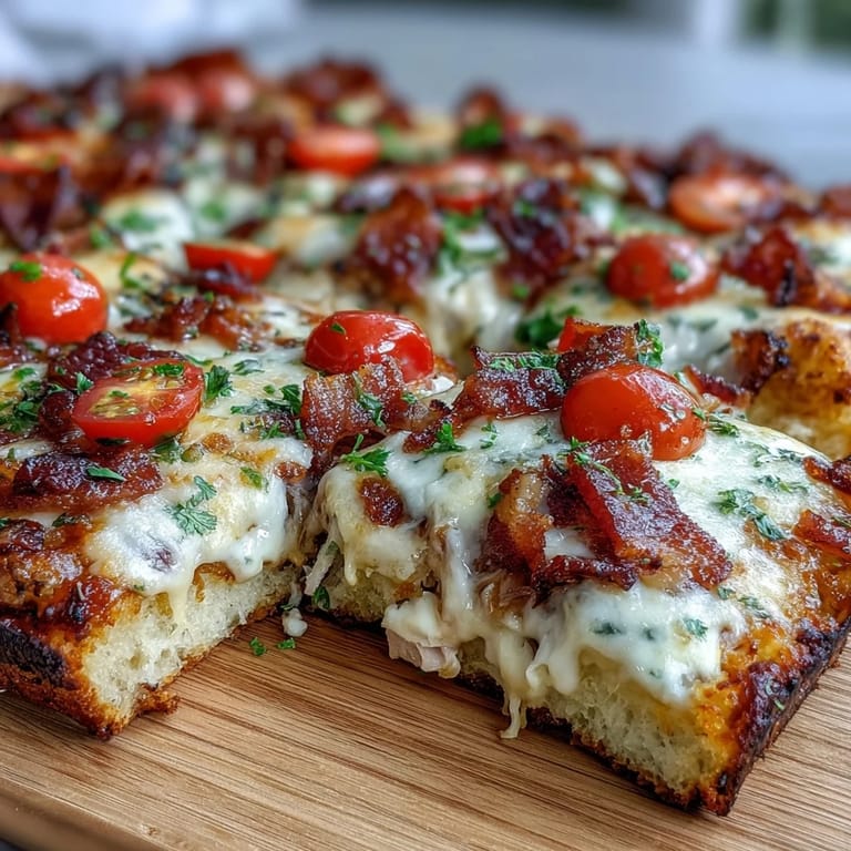 A mouthwatering Kentucky Derby Hot Brown Flatbread Pizza topped with juicy tomatoes, melted cheese, and a rich, velvety Mornay sauce on golden crust.