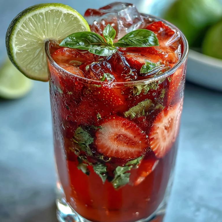 Refreshing homemade strawberry basil lemonade with muddled fruit and herbs, served over ice for a cool, tangy drink.