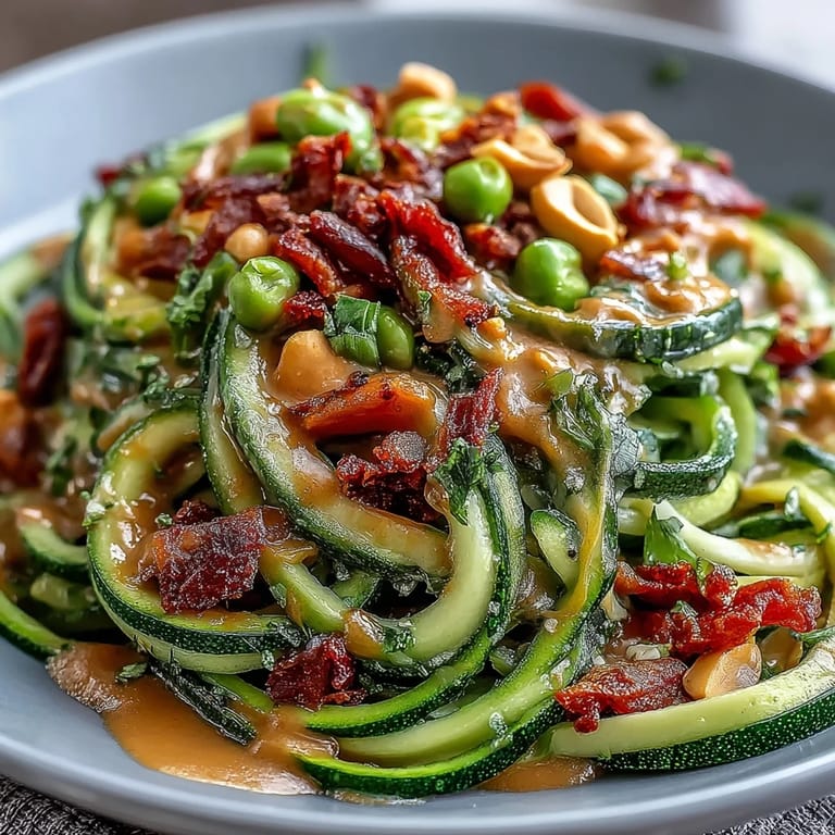 Creamy peanut sauce coats spiralized zucchini noodles and crisp vegetables in this healthy, Asian-inspired stir-fry.