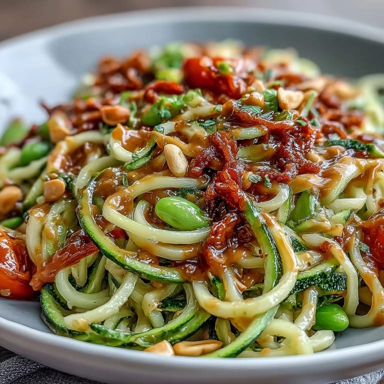 Light and colorful zucchini noodle stir-fry with red bell peppers, carrots, and snap peas, drizzled with tangy peanut sauce.
