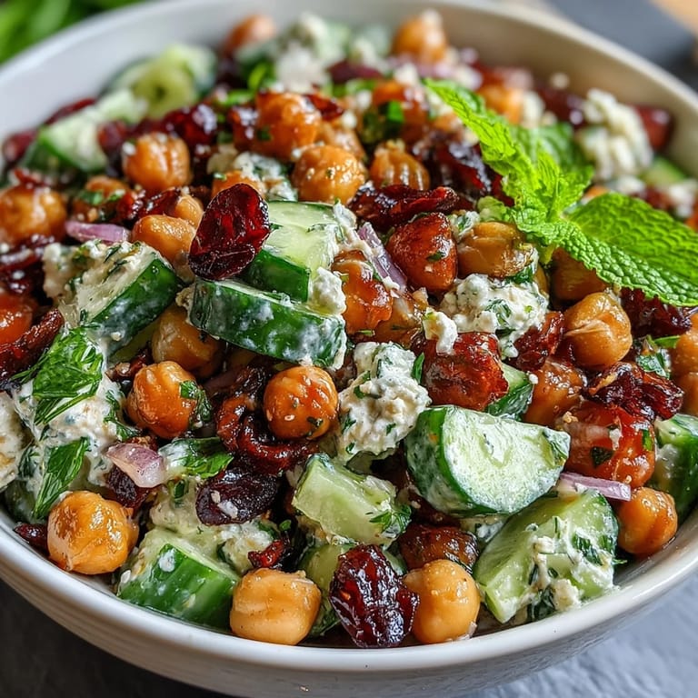Protein-packed cucumber chickpea salad with lemon vinaigrette, featuring tender chickpeas, crunchy cucumbers, and fragrant herbs, perfect for a light vegetarian lunch or healthy side.