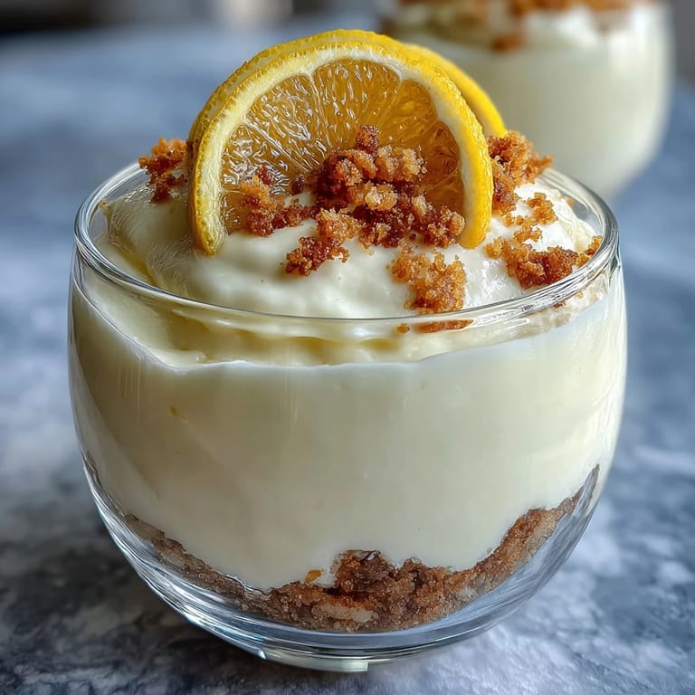 Zesty lemon mousse layered over crisp shortbread crumble, garnished with fresh berries and mint leaves.