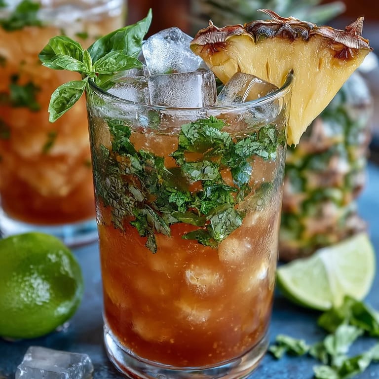 Pineapple Basil Agua Fresca served over ice, topped with a lime slice and a sprig of basil for a refreshing summer sip.