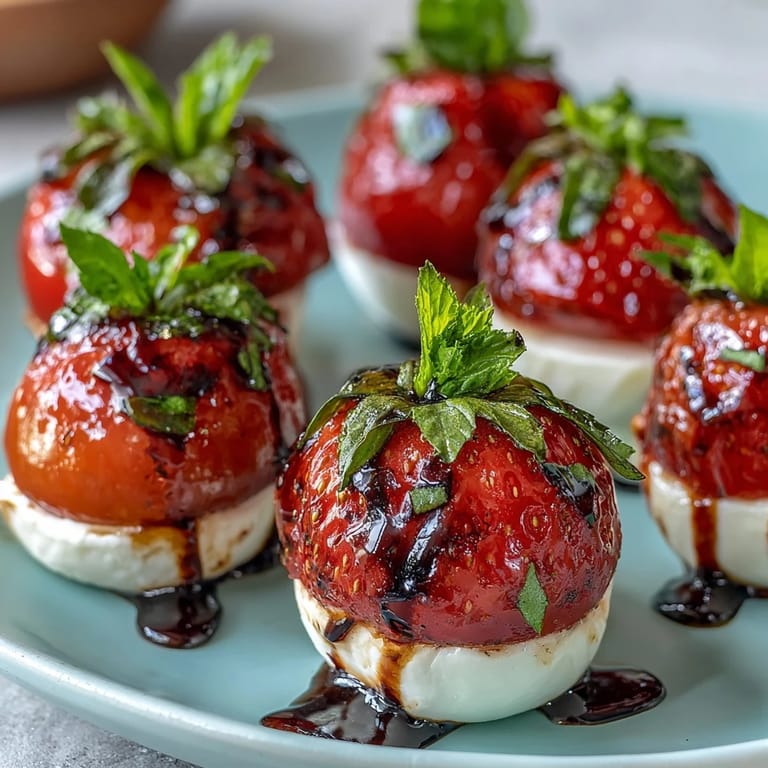 Vibrant strawberry caprese skewers with balsamic glaze, combining ripe strawberries, basil leaves, and mozzarella balls for a refreshing party snack.
