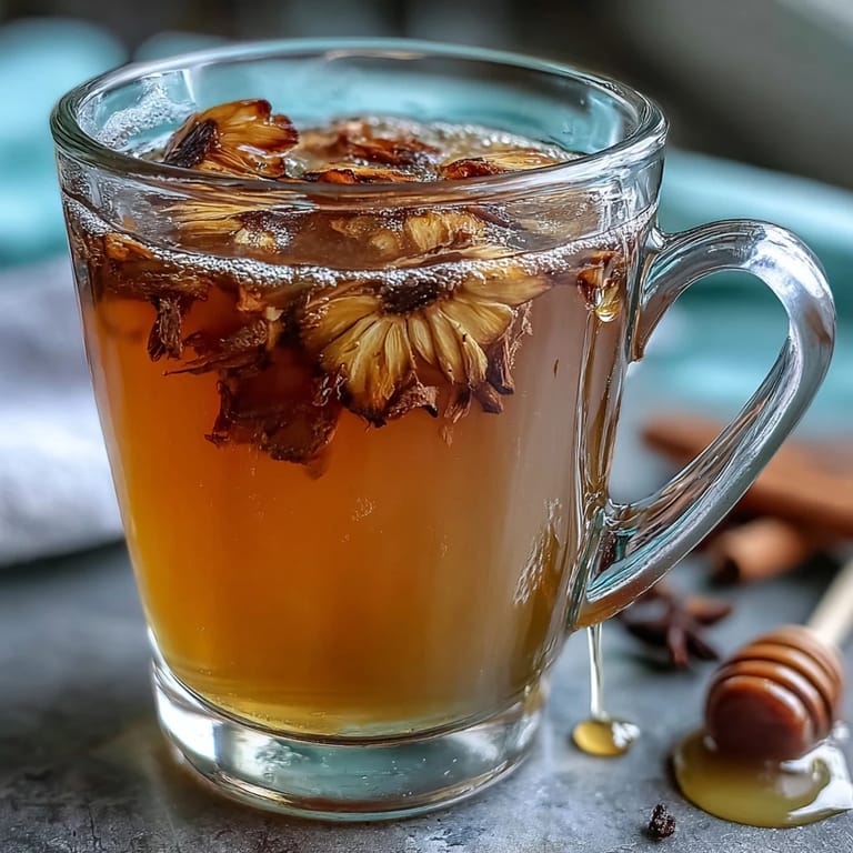 Golden herbal tea featuring roasted dandelion root, fresh ginger slices, and turmeric, served in a rustic mug with a cinnamon stick.