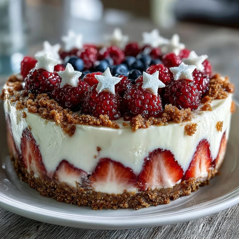 Easy Fourth of July No-Bake Cheesecake Flag Cake, perfect for summer celebrations and parties.