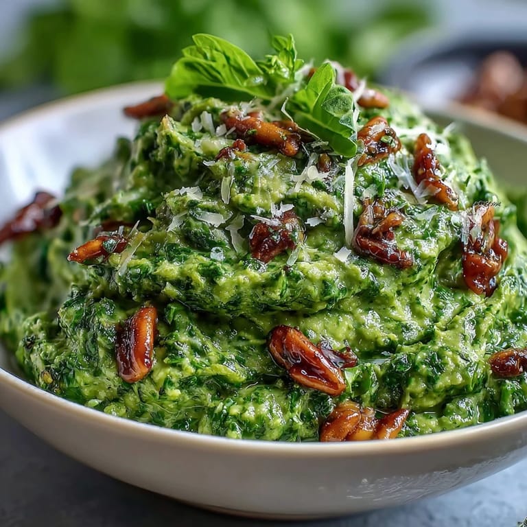 Fresh dandelion greens blended with garlic and pine nuts, creating a bold, tangy pesto sauce for Italian-inspired meals.