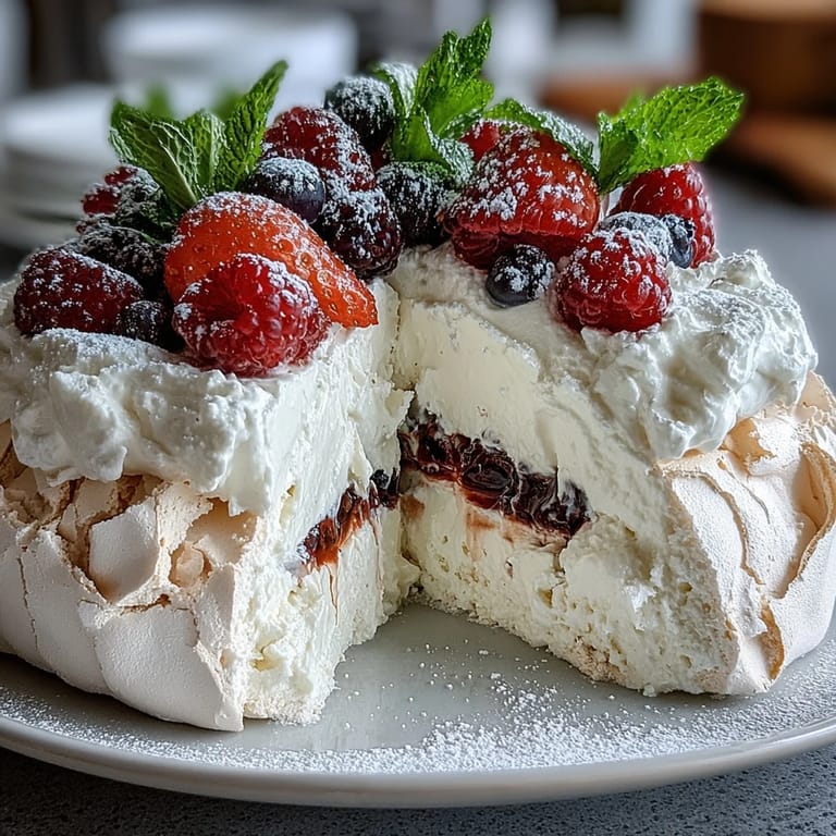 Delicate Mothers Day pavlova with marshmallow center, fresh berries, and mint—a stunning gluten-free treat.  