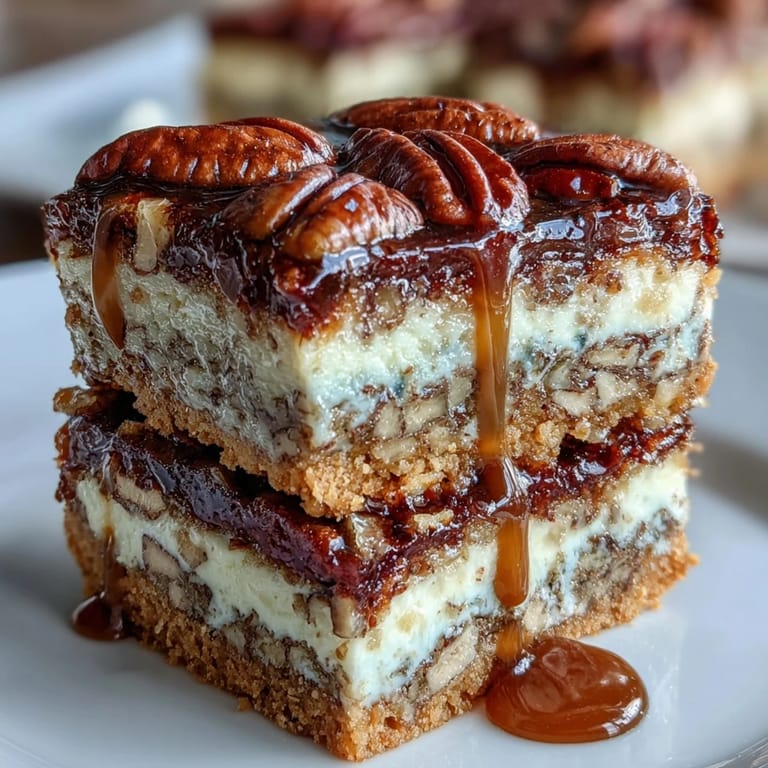 Southern pecan pie bars baked to perfection, featuring a buttery shortbread crust and a rich, bourbon-infused pecan topping.