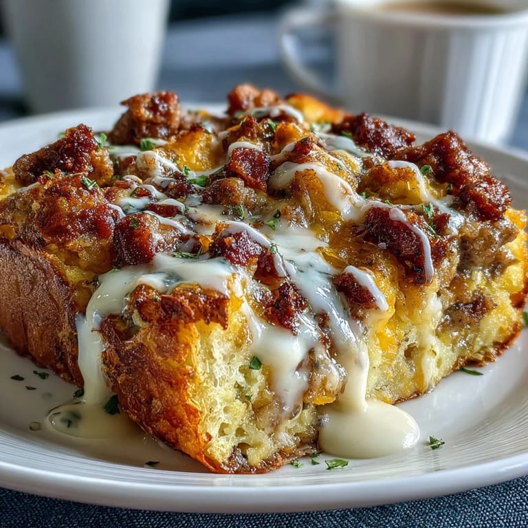 Savory Amish breakfast casserole featuring crispy hash browns, fluffy eggs, and sausage, topped with melted cheddar and Swiss cheese.