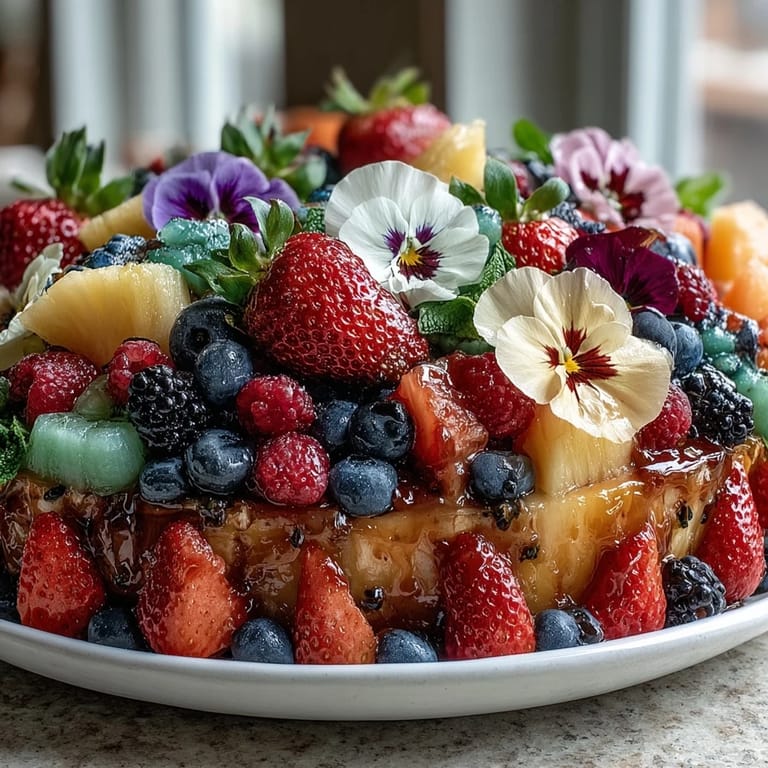 Festive fruit spread with colorful edible flowers, ideal for healthy party snacking and visual appeal.
