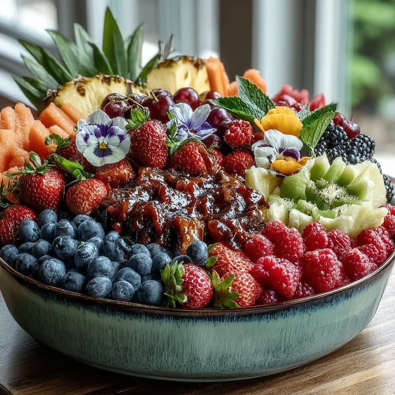 Elegant fruit platter featuring fresh edible flowers, a stunning centerpiece for grad parties and gatherings.