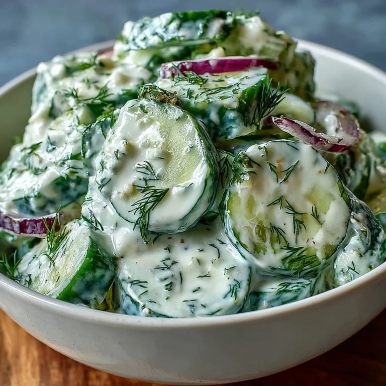 A refreshing bowl of Creamy Cucumber Dill Salad, featuring thinly sliced cucumbers and red onion in a creamy herb dressing.
