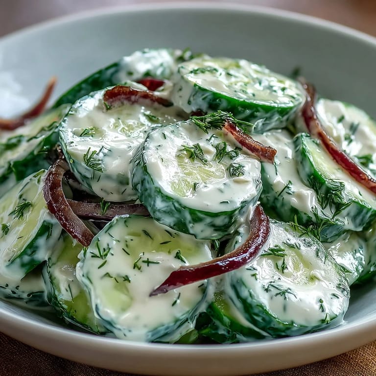Chilled Creamy Cucumber Dill Salad, a light vegetarian side dish with crunchy cucumbers and a smooth, tangy dill sauce.