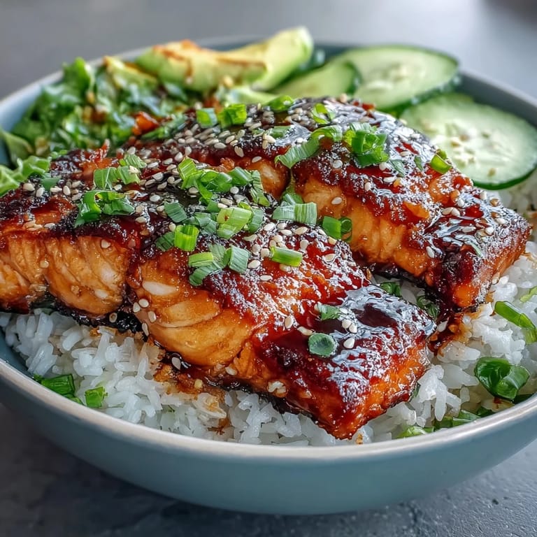 Savory teriyaki-glazed salmon served over steaming rice with colorful veggies and a sprinkle of sesame seeds.