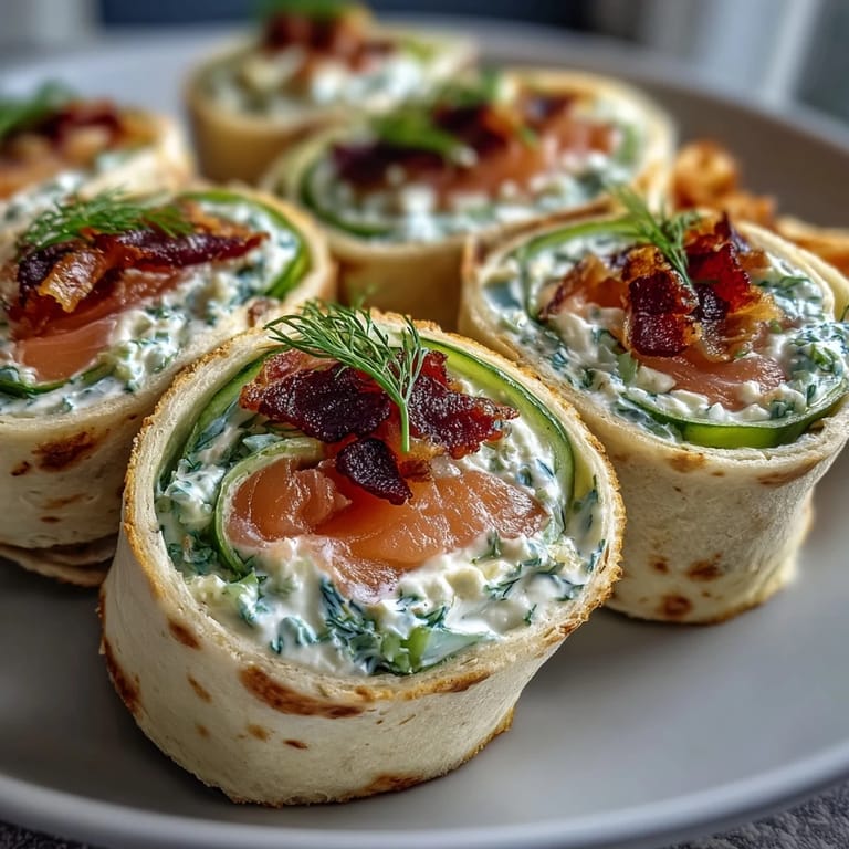 Creamy dill-infused spread, crisp cucumber, and smoked salmon rolled in flour tortillas—perfect for party platters or brunch spreads.
