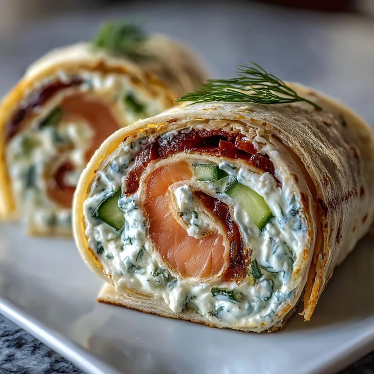 Elegant smoked salmon pinwheels layered with tangy cream cheese, cucumber, and fresh dill—ideal for sophisticated entertaining or light snacks.