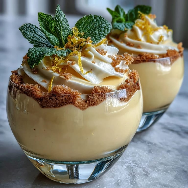Creamy lemon mousse in individual cups with buttery shortbread cookies, garnished with lemon zest and mint for a refreshing finish.