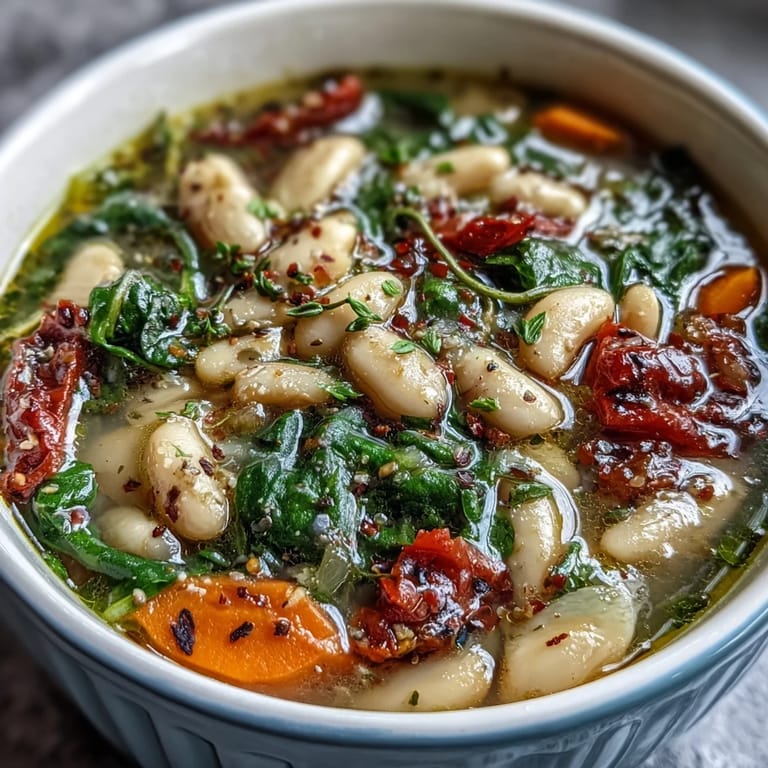 Creamy slow-cooked white bean soup with fresh spinach, hearty vegetables, and Italian herbs in a savory broth.