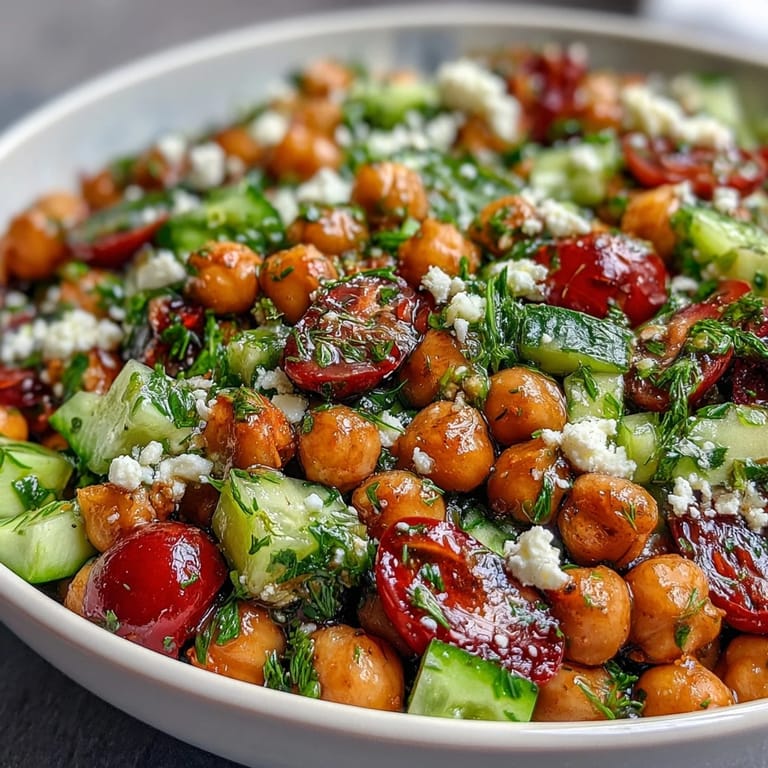 Vibrant cold chickpea salad with bright lemon herb dressing, juicy cherry tomatoes, and crunchy cucumbers for a refreshing vegetarian meal.